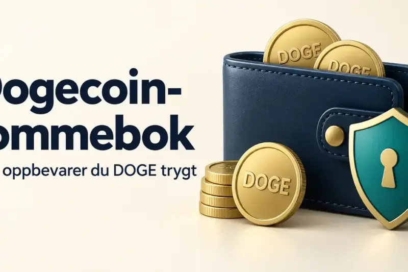 Illustrasjon av en mørkeblå lommebok med gullmynter merket DOGE og et sikkerhetsskjold, med teksten «Dogecoin-lommebok – Slik oppbevarer du DOGE trygt».
