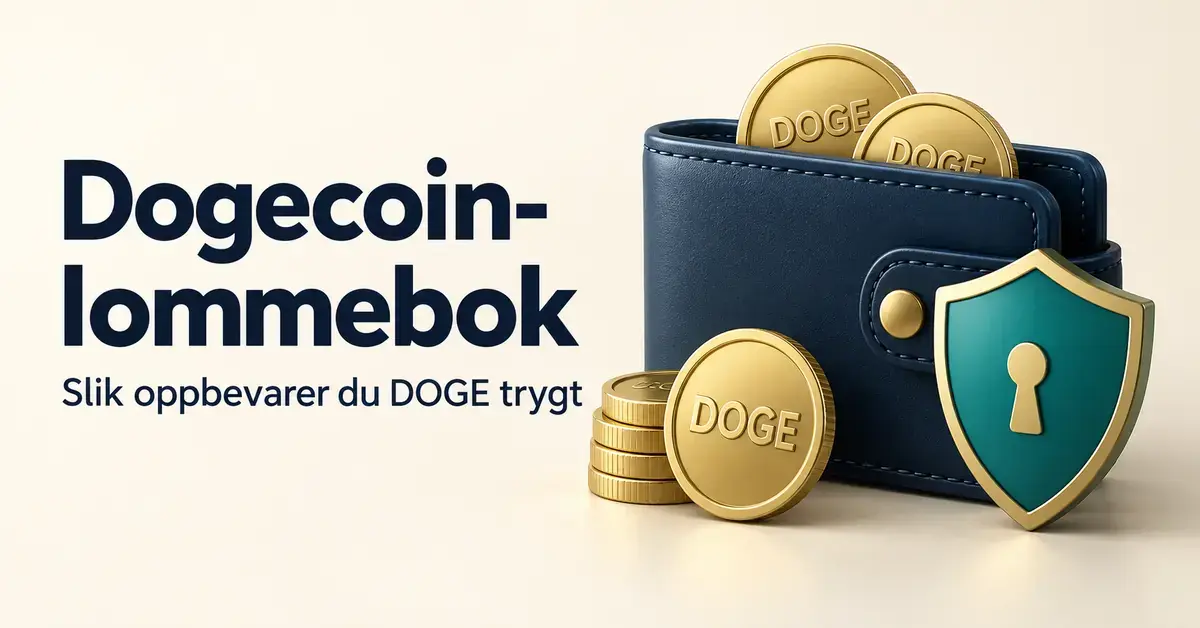 Illustrasjon av en mørkeblå lommebok med gullmynter merket DOGE og et sikkerhetsskjold, med teksten «Dogecoin-lommebok – Slik oppbevarer du DOGE trygt».