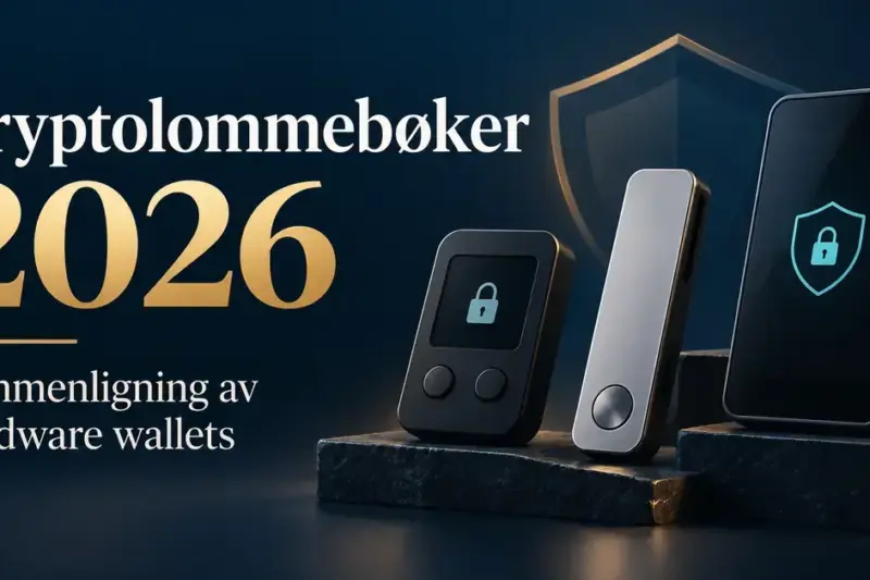 Tre maskinvarelommebøker med lås- og skjoldsymboler illustrerer en sammenligning av kryptolommebøker i 2026.