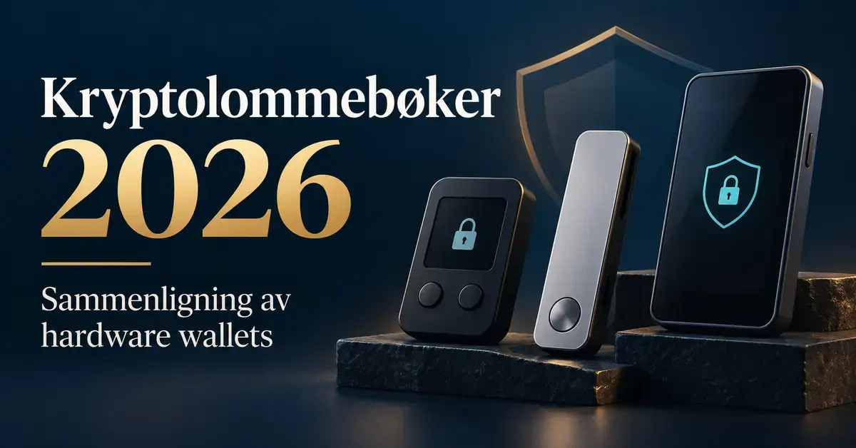 Tre maskinvarelommebøker med lås- og skjoldsymboler illustrerer en sammenligning av kryptolommebøker i 2026.
