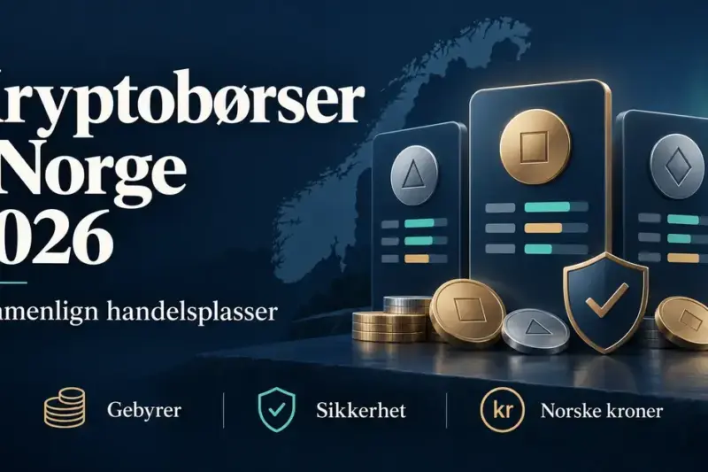 Illustrasjon av kryptobørser i Norge i 2026 med sammenligningspaneler, mynter og et sikkerhetsskjold, med vekt på gebyrer, sikkerhet og norske kroner.
