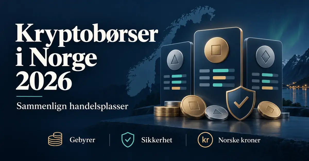 Illustrasjon av kryptobørser i Norge i 2026 med sammenligningspaneler, mynter og et sikkerhetsskjold, med vekt på gebyrer, sikkerhet og norske kroner.