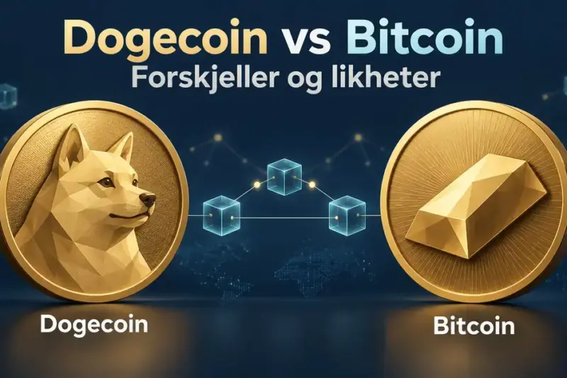 Illustrasjon av Dogecoin og Bitcoin som gullfargede mynter med henholdsvis en shiba inu og en gullbarre, forbundet av et nettverk av blokker.