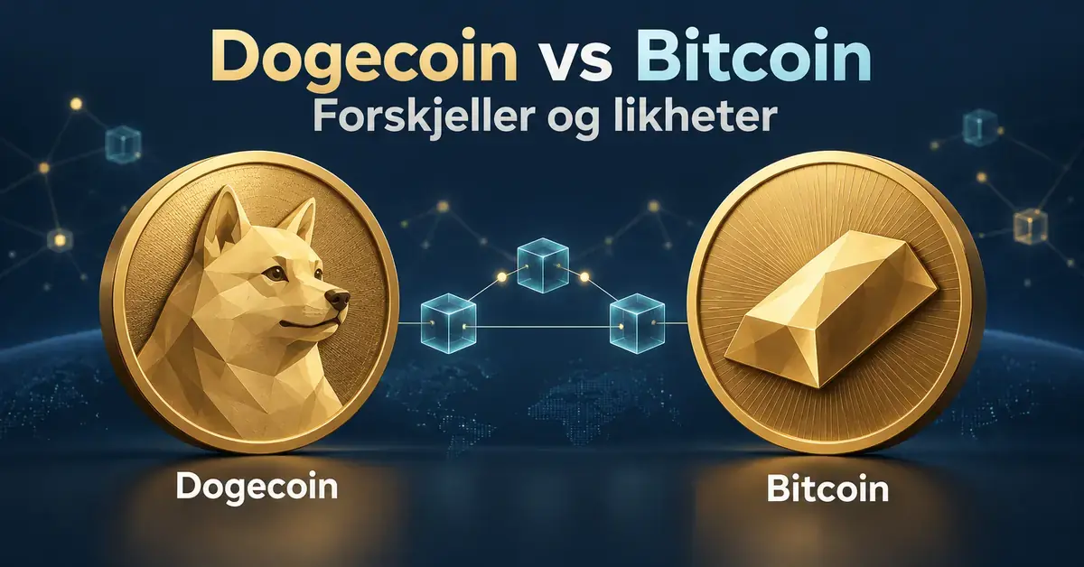 Illustrasjon av Dogecoin og Bitcoin som gullfargede mynter med henholdsvis en shiba inu og en gullbarre, forbundet av et nettverk av blokker.