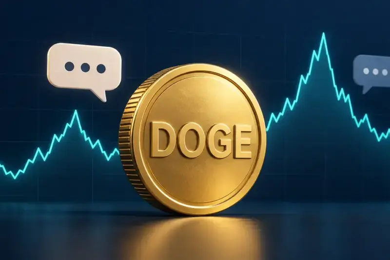 En gyllen mynt merket DOGE foran snakkebobler og en svingende kurskurve illustrerer hvordan omtale kan påvirke Dogecoin-kursen.