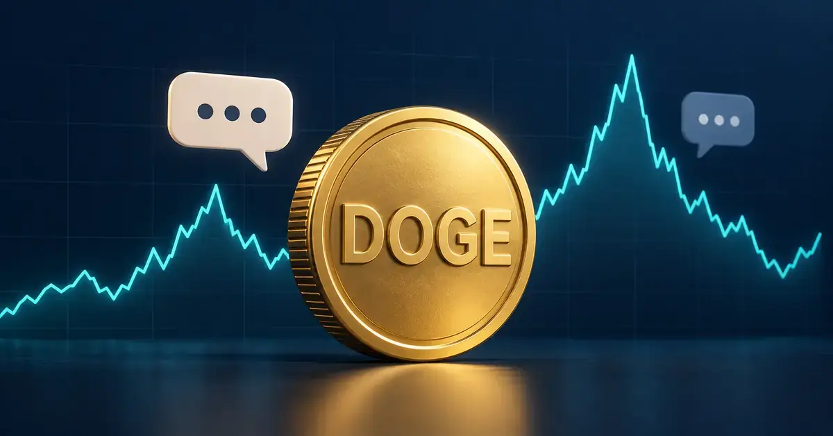 En gyllen mynt merket DOGE foran snakkebobler og en svingende kurskurve illustrerer hvordan omtale kan påvirke Dogecoin-kursen.