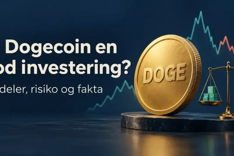 Illustrasjon av en gullfarget mynt merket DOGE, en svingende kurve og en skålvekt ved teksten «Er Dogecoin en god investering? Fordeler, risiko og fakta».