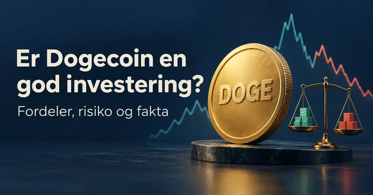 Illustrasjon av en gullfarget mynt merket DOGE, en svingende kurve og en skålvekt ved teksten «Er Dogecoin en god investering? Fordeler, risiko og fakta».