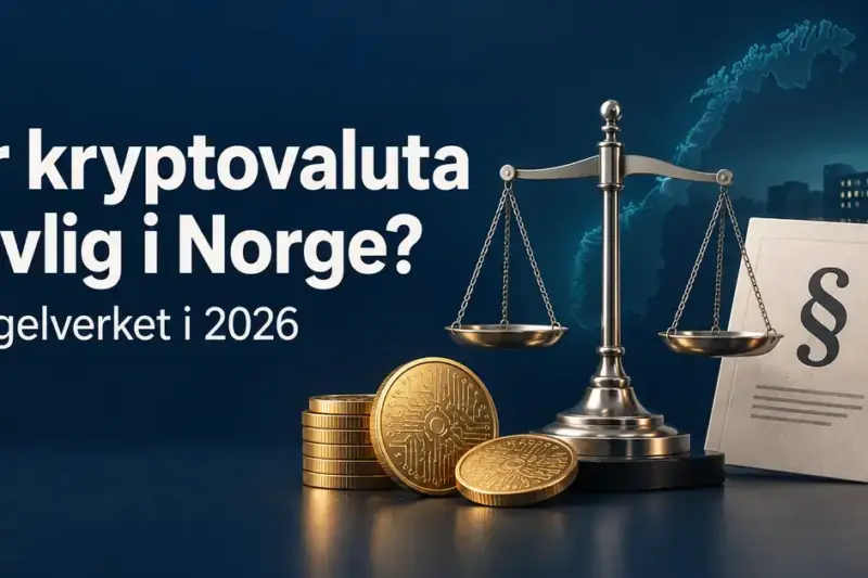 Illustrasjon med digitale mynter, en vektskål, et lovdokument og det norske flagget til teksten «Er kryptovaluta lovlig i Norge? Regelverket i 2026».