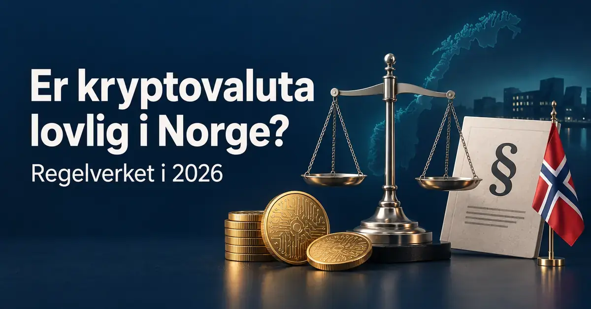 Illustrasjon med digitale mynter, en vektskål, et lovdokument og det norske flagget til teksten «Er kryptovaluta lovlig i Norge? Regelverket i 2026».