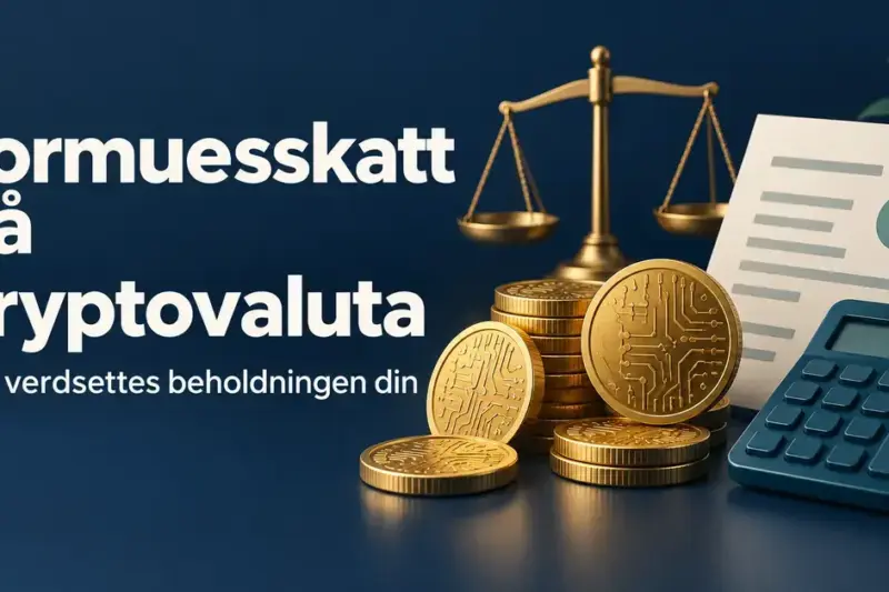 Illustrasjon av digitale mynter, en balansevekt, et skattedokument og en kalkulator med teksten «Formuesskatt på kryptovaluta – Slik verdsettes beholdningen din».