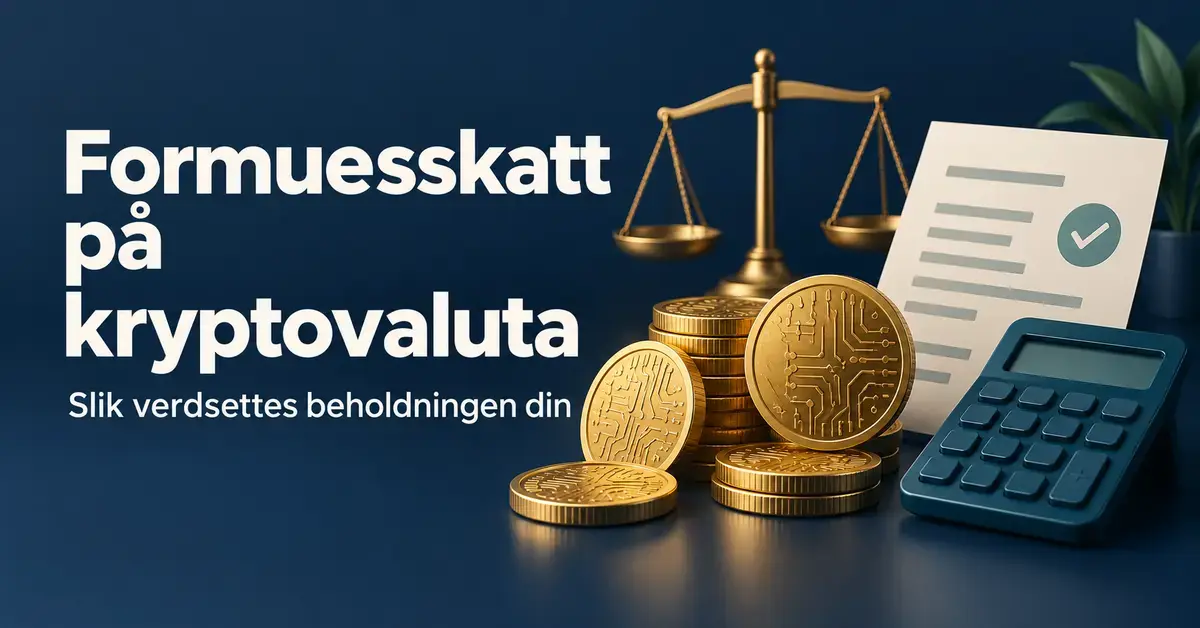 Illustrasjon av digitale mynter, en balansevekt, et skattedokument og en kalkulator med teksten «Formuesskatt på kryptovaluta – Slik verdsettes beholdningen din».