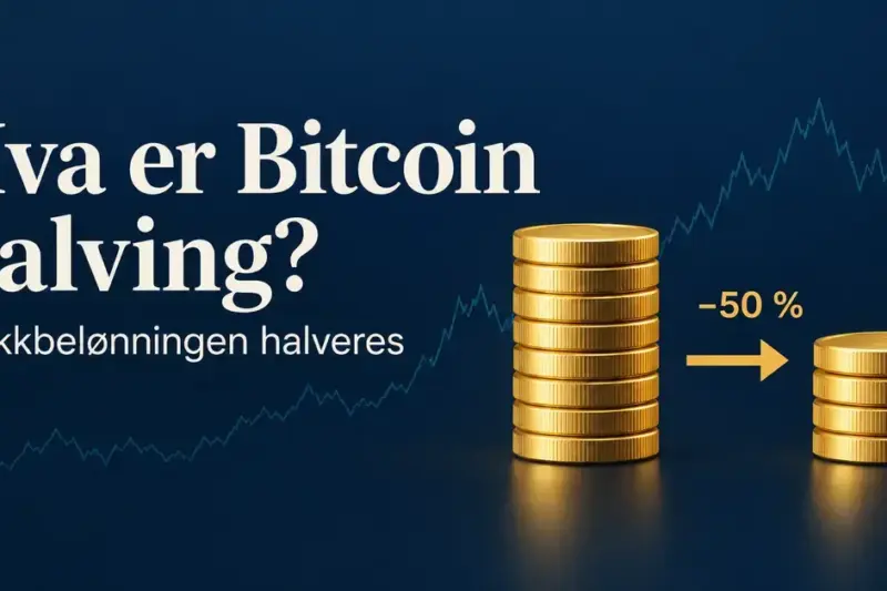 Illustrasjon av Bitcoin-halvering med to gullmyntstabler som viser at blokkbelønningen halveres, og en svingende kurslinje i bakgrunnen.