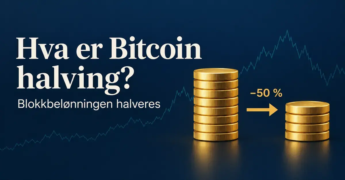 Illustrasjon av Bitcoin-halvering med to gullmyntstabler som viser at blokkbelønningen halveres, og en svingende kurslinje i bakgrunnen.