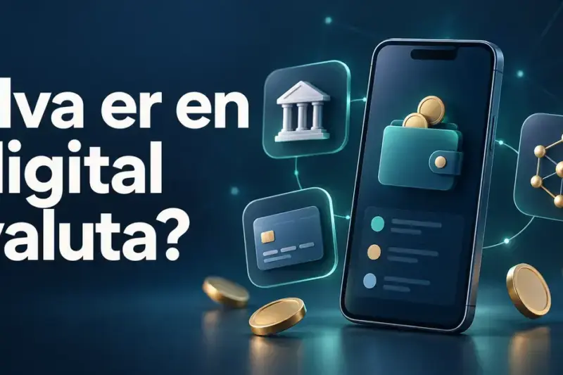 Illustrasjon av en mobil med digital lommebok omgitt av symboler for bank, betalingskort og kryptovaluta, med teksten «Hva er en digital valuta?».