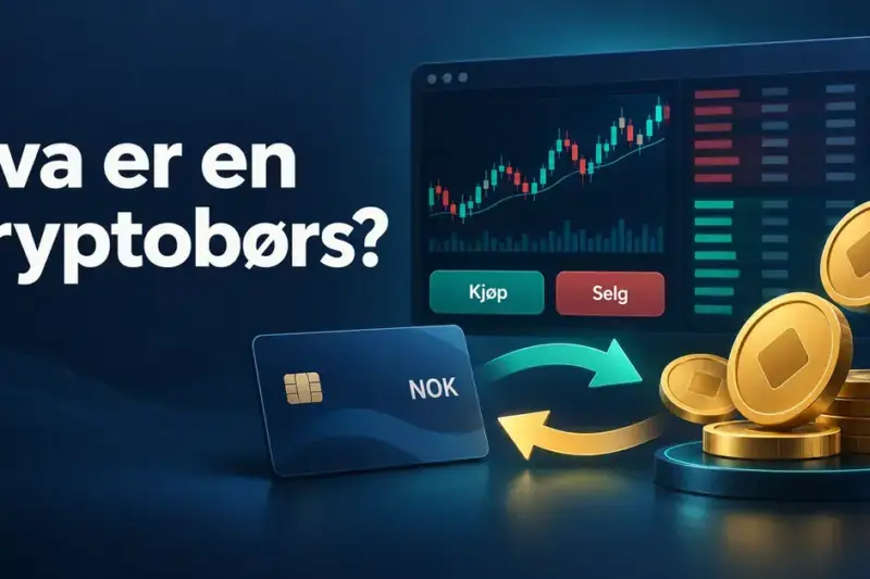 Illustrasjon av en kryptobørs med kursdiagram, kjøps- og salgsknapper og piler som viser veksling mellom norske kroner og digitale mynter.