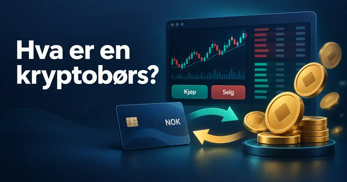 Illustrasjon av en kryptobørs med kursdiagram, kjøps- og salgsknapper og piler som viser veksling mellom norske kroner og digitale mynter.