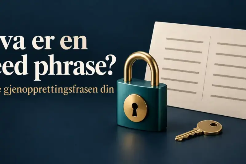 En hengelås og en nøkkel foran et papirkort med tolv tomme linjer illustrerer trygg oppbevaring av en gjenopprettingsfrase.