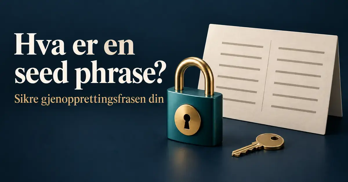En hengelås og en nøkkel foran et papirkort med tolv tomme linjer illustrerer trygg oppbevaring av en gjenopprettingsfrase.