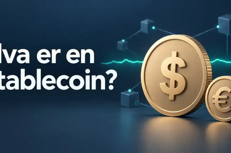 Illustrasjon av digitale mynter med dollar- og eurosymboler foran en nesten flat kurslinje og et blokkjedenettverk, med teksten «Hva er en stablecoin?».