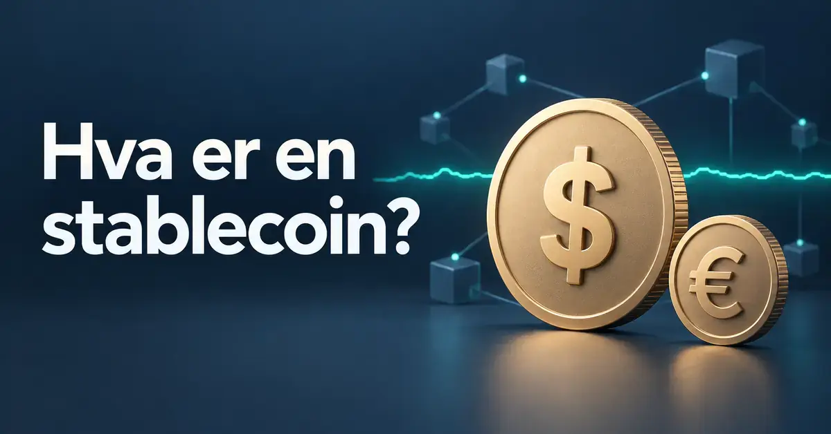 Illustrasjon av digitale mynter med dollar- og eurosymboler foran en nesten flat kurslinje og et blokkjedenettverk, med teksten «Hva er en stablecoin?».