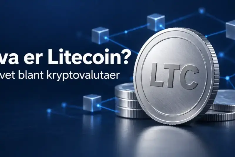 En sølvfarget mynt merket LTC foran et stilisert blokkjedenettverk, med teksten «Hva er Litecoin?» og «Sølvet blant kryptovalutaer».