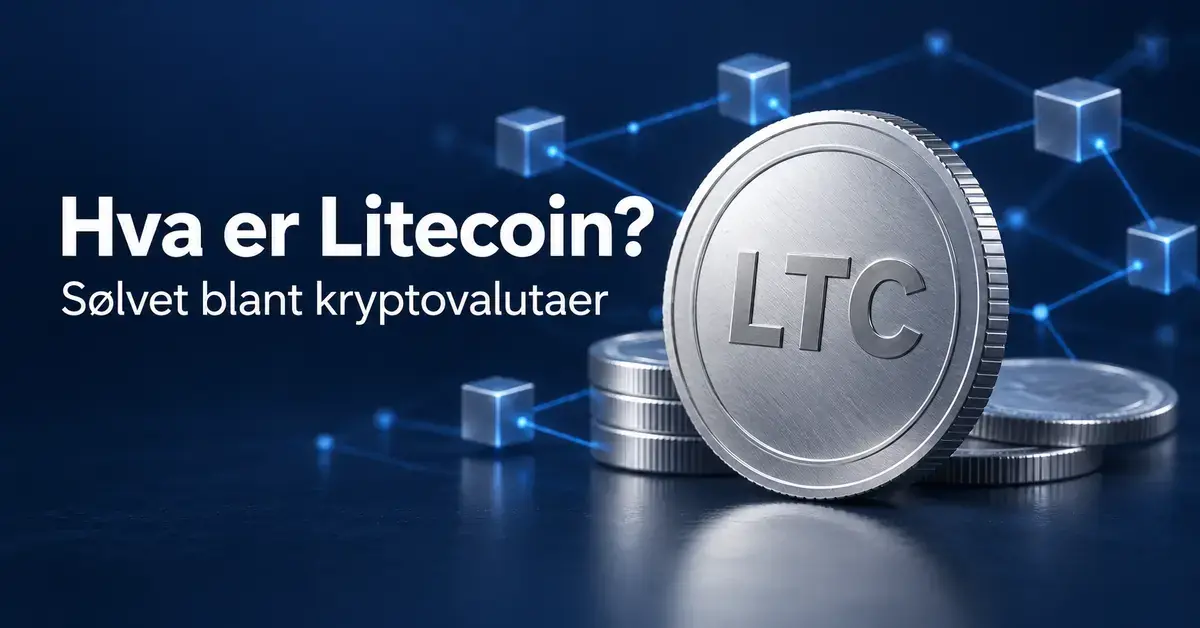 En sølvfarget mynt merket LTC foran et stilisert blokkjedenettverk, med teksten «Hva er Litecoin?» og «Sølvet blant kryptovalutaer».