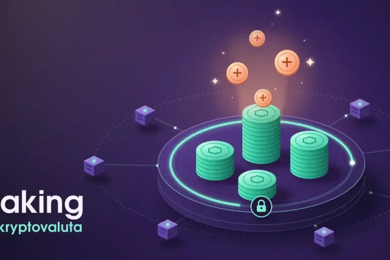 Illustrasjon av grønne myntstabler låst på en sirkulær plattform i et nettverk av validatornoder, der oransje belønningsmynter med plusstegn stiger opp, med teksten «Staking av kryptovaluta».