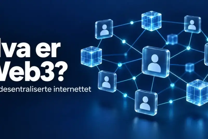 Illustrasjon av Web3 med sammenkoblede brukersymboler, blokkjeder og en digital nøkkel som viser et desentralisert internett.