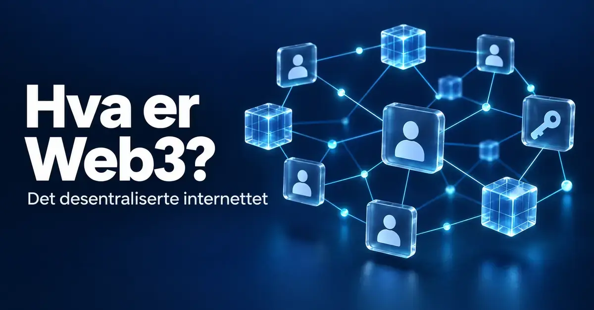 Illustrasjon av Web3 med sammenkoblede brukersymboler, blokkjeder og en digital nøkkel som viser et desentralisert internett.