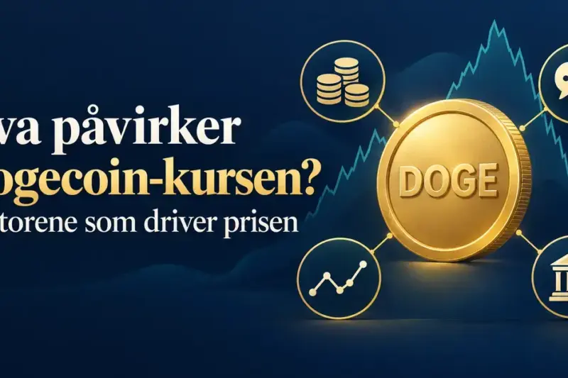 Illustrasjon av en gullfarget DOGE-mynt omgitt av symboler for tilbud, sosiale medier, markedsutvikling og pengepolitikk, med teksten «Hva påvirker Dogecoin-kursen? Faktorene som driver prisen».