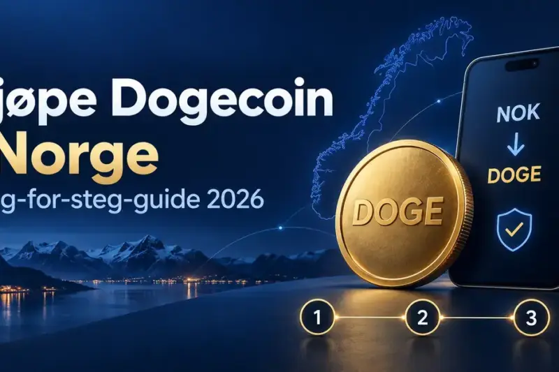 Illustrasjon av en gullfarget DOGE-mynt og en mobil med NOK og DOGE foran et norgeskart, med teksten «Kjøpe Dogecoin i Norge – Steg-for-steg-guide 2026».