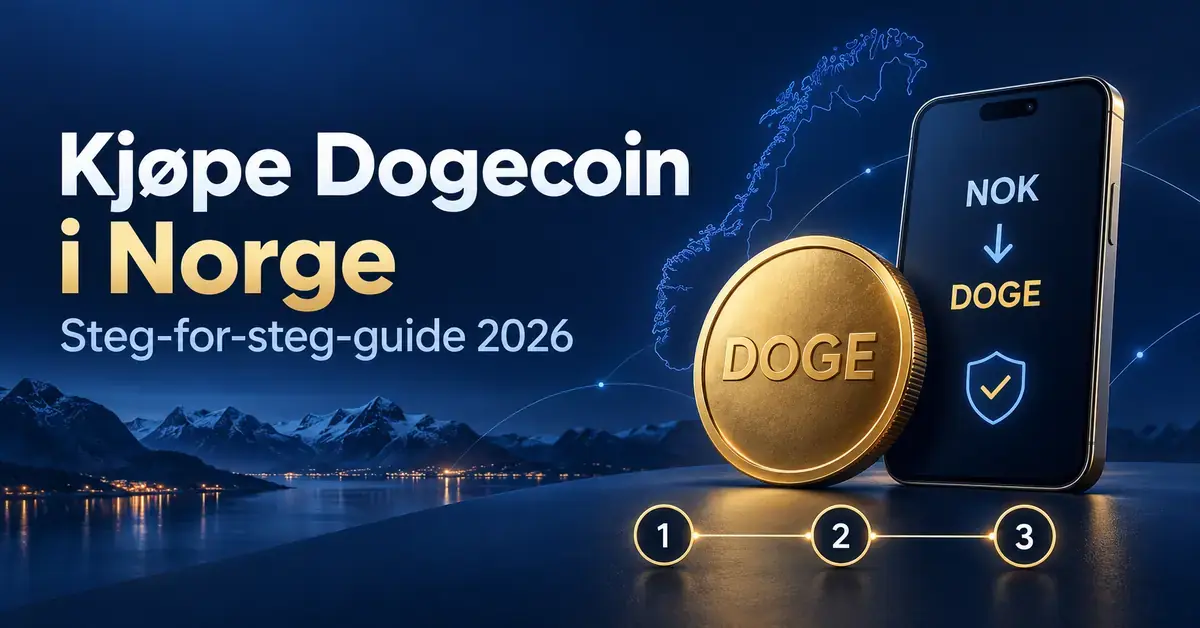 Illustrasjon av en gullfarget DOGE-mynt og en mobil med NOK og DOGE foran et norgeskart, med teksten «Kjøpe Dogecoin i Norge – Steg-for-steg-guide 2026».