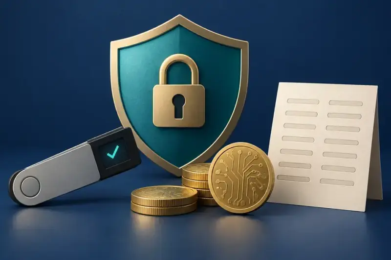 Et skjold med hengelås, en maskinvarelommebok, digitale mynter og et kort for sikkerhetskopiering symboliserer trygg oppbevaring av kryptovaluta.