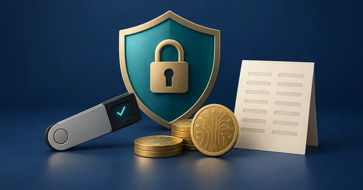 Et skjold med hengelås, en maskinvarelommebok, digitale mynter og et kort for sikkerhetskopiering symboliserer trygg oppbevaring av kryptovaluta.