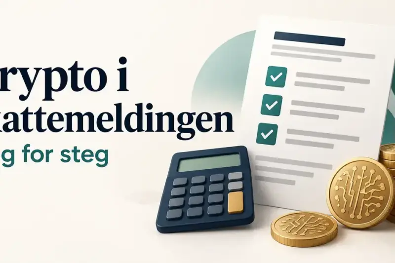 Illustrasjon av kryptomynter, en kalkulator og et skatteskjema med avkrysninger, med teksten «Krypto i skattemeldingen – Steg for steg».