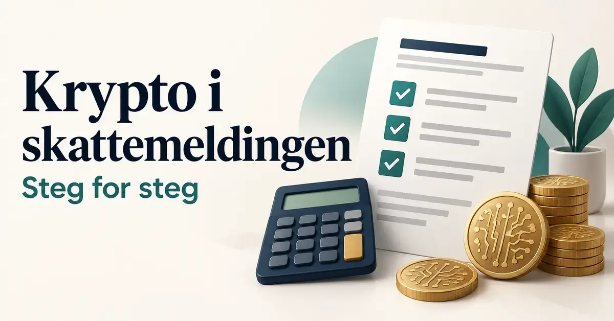 Illustrasjon av kryptomynter, en kalkulator og et skatteskjema med avkrysninger, med teksten «Krypto i skattemeldingen – Steg for steg».