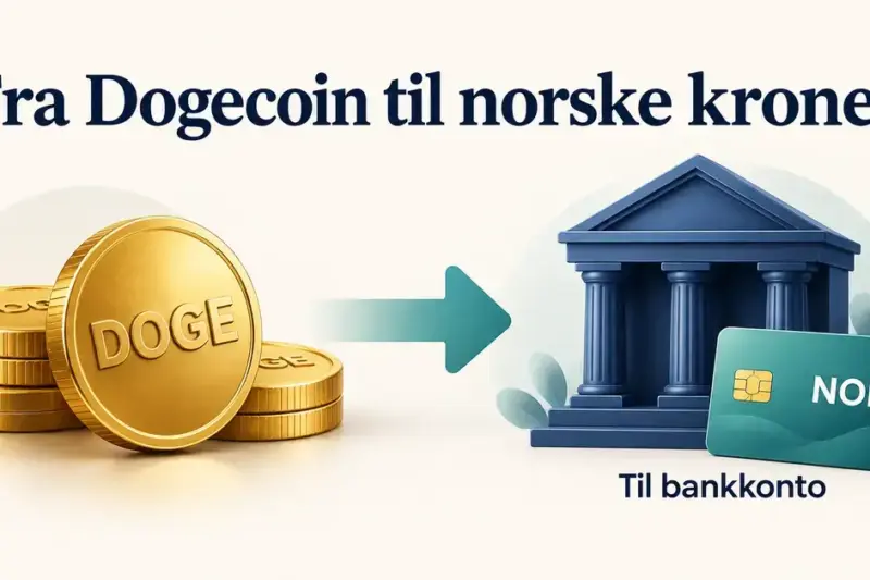 Illustrasjon av DOGE-mynter som veksles til norske kroner og overføres til en bankkonto.