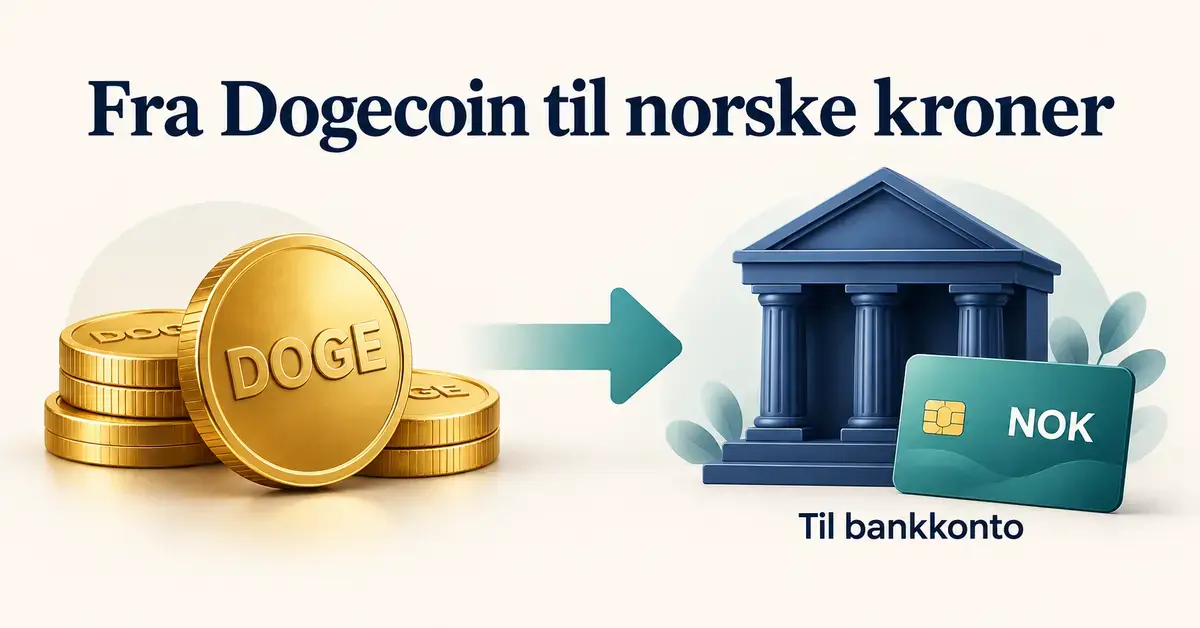 Illustrasjon av DOGE-mynter som veksles til norske kroner og overføres til en bankkonto.