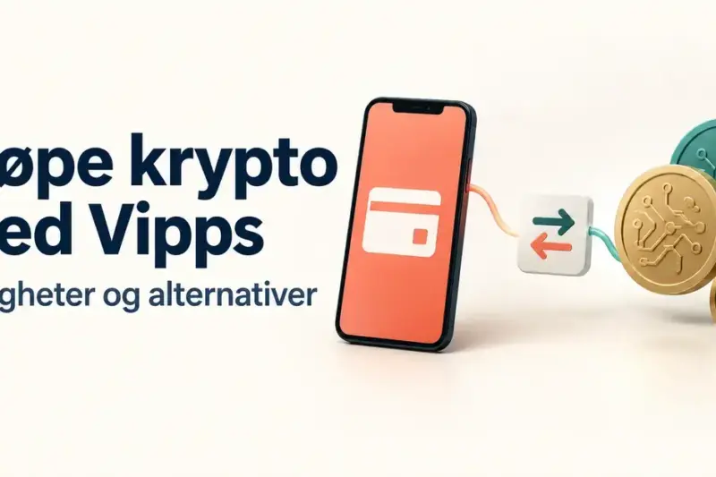 Illustrasjon av en mobiltelefon koblet til digitale mynter via et vekslingssymbol, med teksten «Kjøpe krypto med Vipps – Muligheter og alternativer».