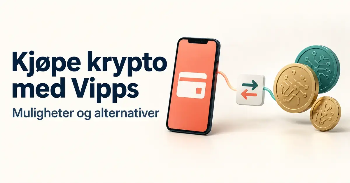 Illustrasjon av en mobiltelefon koblet til digitale mynter via et vekslingssymbol, med teksten «Kjøpe krypto med Vipps – Muligheter og alternativer».