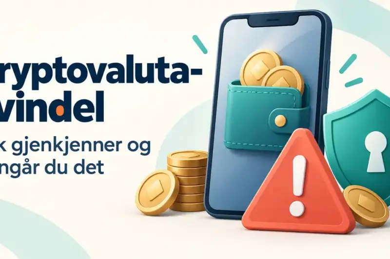 Illustrasjon av en mobil med digital lommebok, mynter, varseltrekant og beskyttelsesskjold ved siden av teksten «Kryptovaluta-svindel: Slik gjenkjenner og unngår du det».