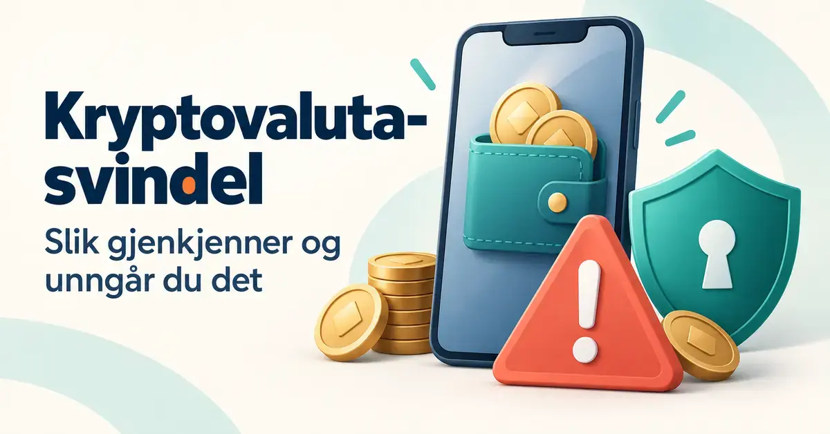 Illustrasjon av en mobil med digital lommebok, mynter, varseltrekant og beskyttelsesskjold ved siden av teksten «Kryptovaluta-svindel: Slik gjenkjenner og unngår du det».