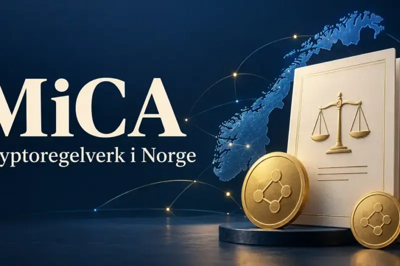 Illustrasjon av MiCA med et norgeskart, et regelverksdokument med en vekt og digitale mynter på mørk blå bakgrunn.