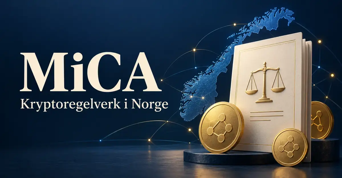 Illustrasjon av MiCA med et norgeskart, et regelverksdokument med en vekt og digitale mynter på mørk blå bakgrunn.
