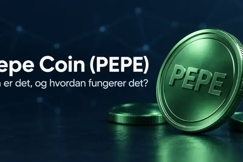 Illustrasjon av en grønn mynt merket PEPE mot en mørk bakgrunn med nettverksmønster og teksten «Pepe Coin (PEPE) – Hva er det, og hvordan fungerer det?».