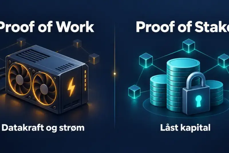 Grafikk som sammenligner Proof of Work, illustrert med en datamaskin og strøm, med Proof of Stake, illustrert med mynter og en hengelås for låst kapital.