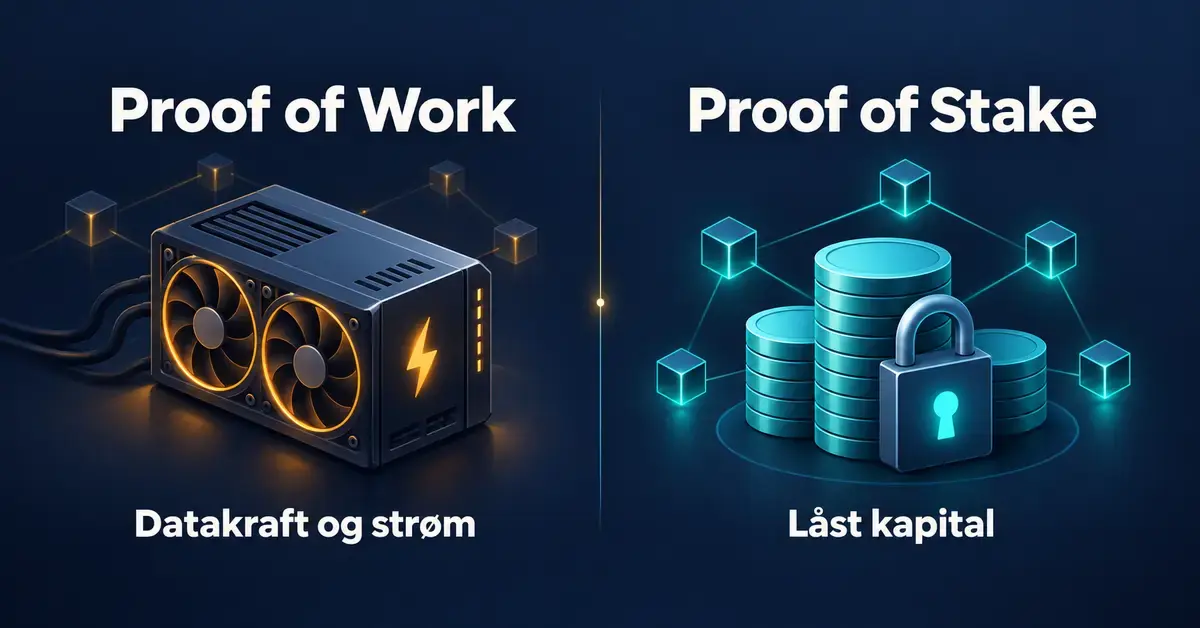 Grafikk som sammenligner Proof of Work, illustrert med en datamaskin og strøm, med Proof of Stake, illustrert med mynter og en hengelås for låst kapital.