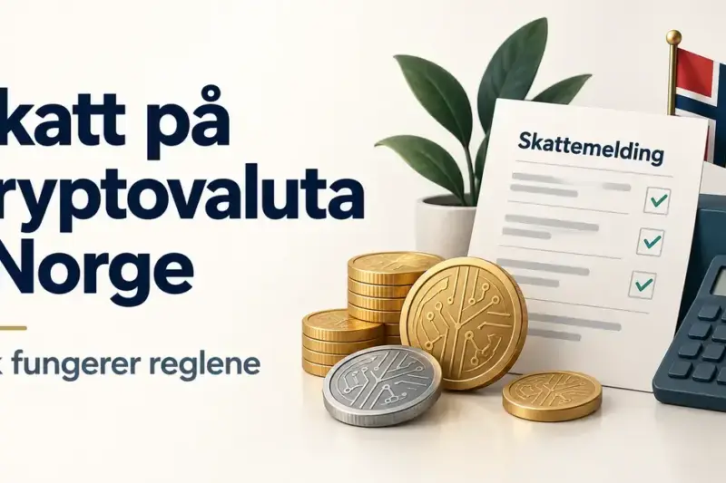 Illustrasjon av digitale mynter, skattemelding, kalkulator og norsk flagg med teksten «Skatt på kryptovaluta i Norge – Slik fungerer reglene».