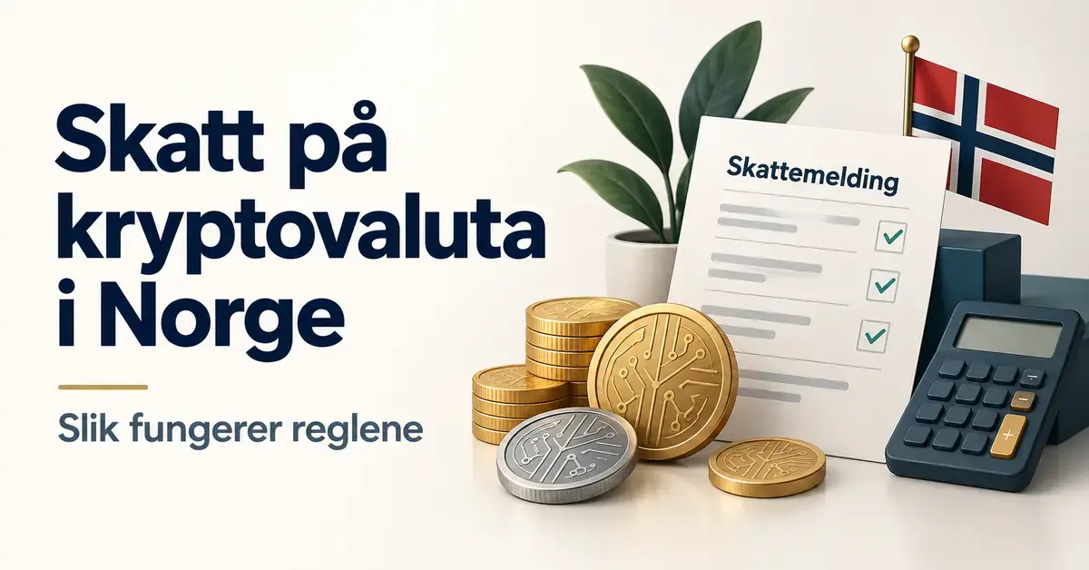 Illustrasjon av digitale mynter, skattemelding, kalkulator og norsk flagg med teksten «Skatt på kryptovaluta i Norge – Slik fungerer reglene».